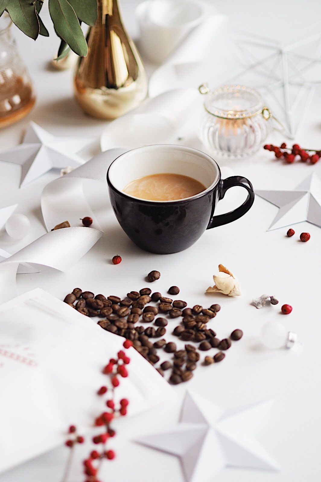 Flatlay with coffee cup and coffee beans