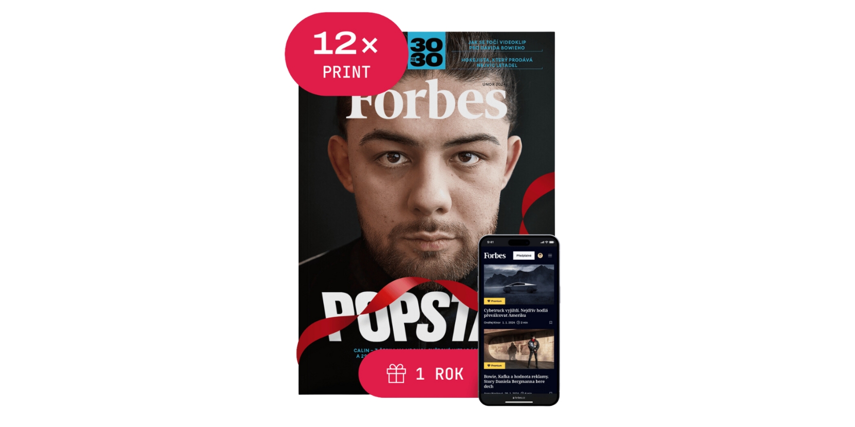 obálka magazínu Forbes a ukázka, jak vypadá Forbes vydání v mobilu, pro koupi předplatného